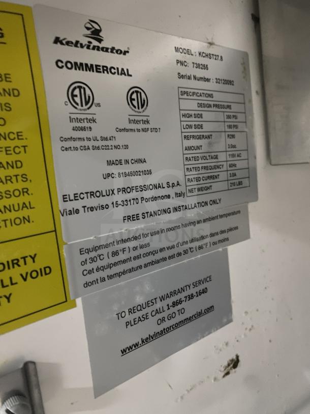 Kelvinator Commercial Stainless Steel Refrigerated Bain Marie Prep Table, Model KCHST27.8, with wired rack and casters.