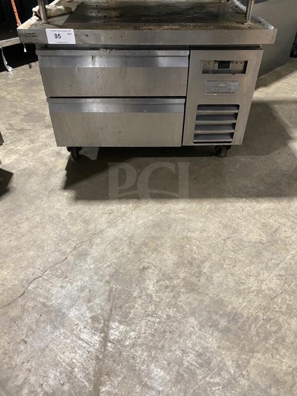 Arctic Air ARCB36Z stainless steel 2-drawer refrigerated chef base on casters. Used, visible wear. Model and serial number plate intact.