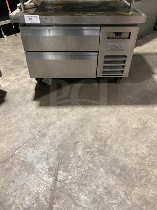 Arctic Air ARCB36Z stainless steel 2-drawer refrigerated chef base on casters. Used, visible wear. Model and serial number plate intact.