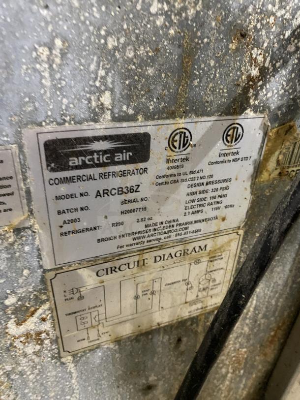Arctic Air ARCB36Z Commercial Stainless Steel 2-Drawer Refrigerated Chef Base, SN: H20007715, 115V, visible wear, on casters.