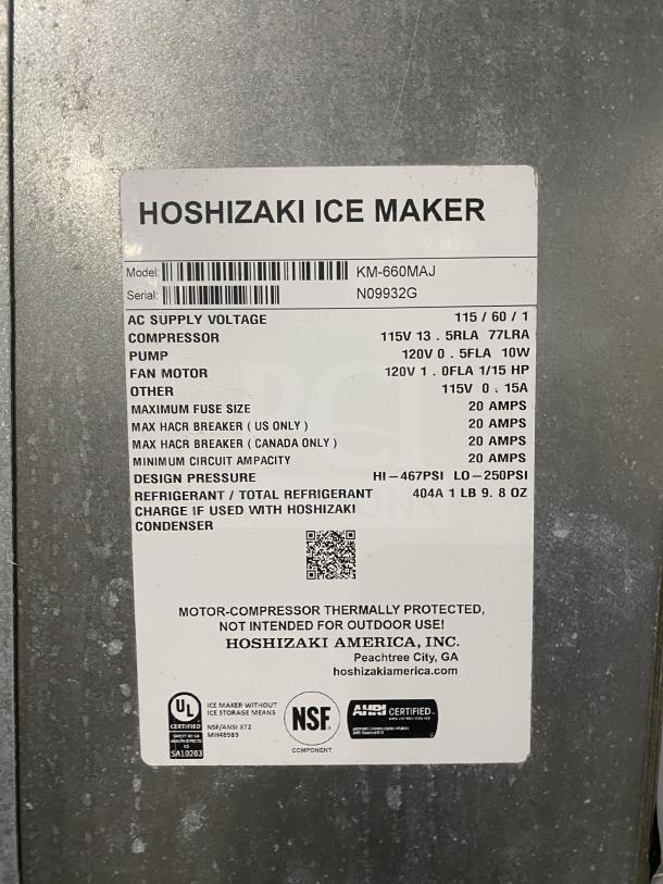 Hoshizaki KM-660MAJ ice maker with label displaying model, serial number, voltage, and specifications.