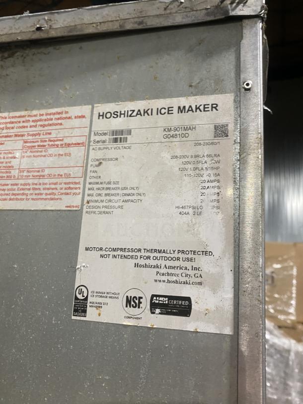 Hoshizaki KM-901MAH ice maker label, showing model KM-901MAH, SN: G04810D, 208-230V 1 Phase, commercial use.