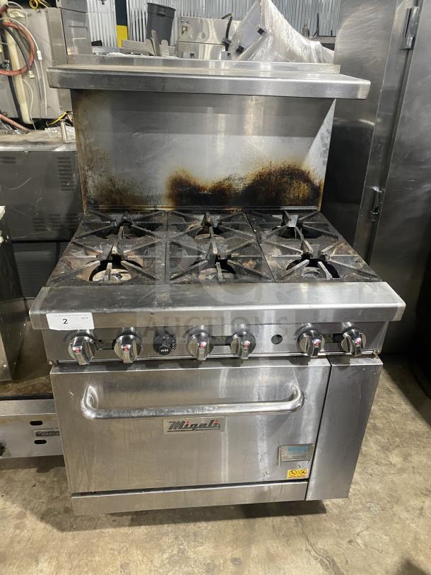 Migali commercial 6-burner gas stove, model CRO6B, with oven, raised backsplash, salamander shelf, on casters, stainless steel.
