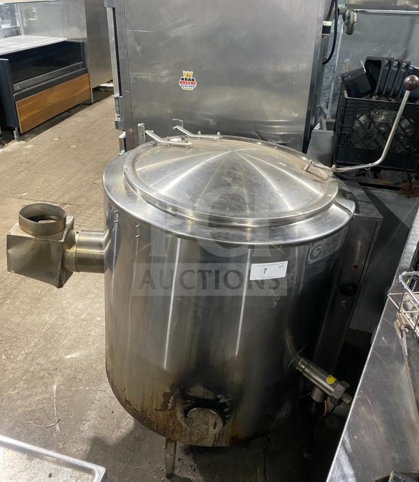 Groen Model AH/1-40 stainless steel steam jacketed kettle; natural gas, 115V, 1 phase, on legs, serial SN: 43474, used condition.