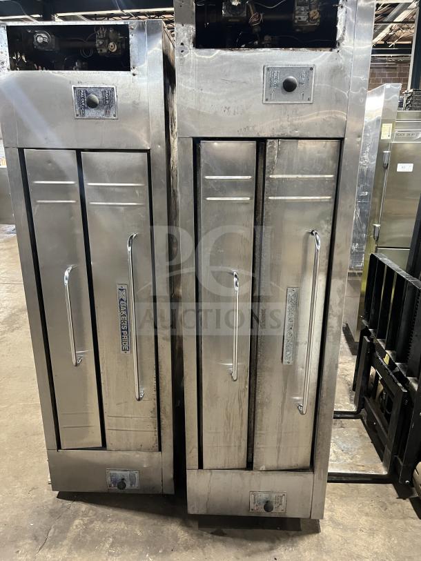 Bakers Pride Y600/602 double-stacked stainless steel gas pizza oven. Visible labels and model marks, used condition.