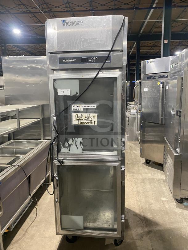 Victory UltraSpec Series refrigerator, model RSA-1D-S1-HD-SPEC121, 2 half-height doors, on casters, stainless steel finish.