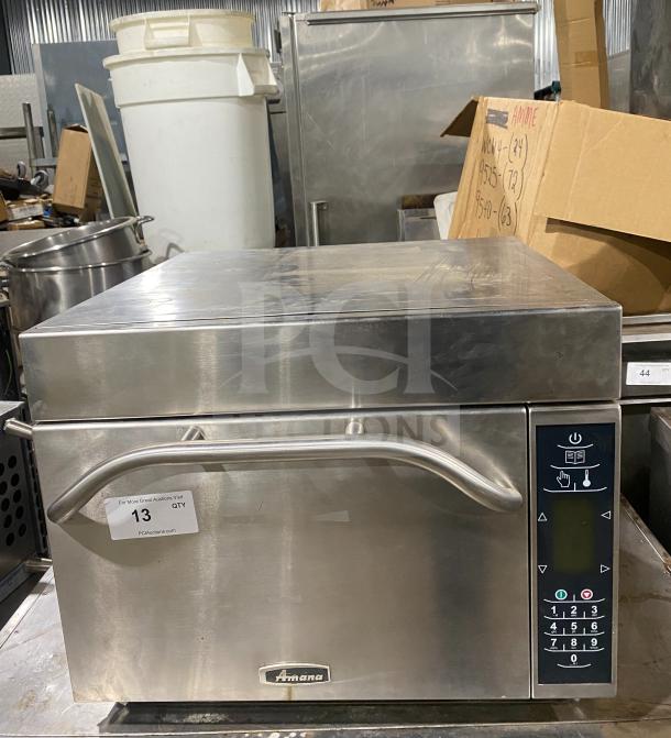 Amana AXP22 commercial countertop microwave oven, stainless steel, model AXP22, SN: 1509160046, 208-230V, digital controls.