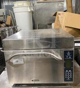 Amana AXP22 commercial countertop microwave oven, stainless steel, model AXP22, SN: 1509160046, 208-230V, digital controls.