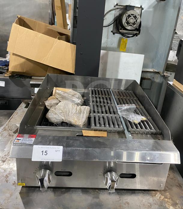 Cayvo CVCB-24LP commercial stainless steel gas char-rock broiler. Excellent condition with two control knobs and grill top.