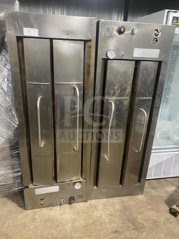 BARI Model 648 stainless steel gas pizza oven, double stacked. Features control dials, sturdy handles. Serial 2267.