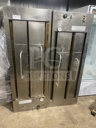 BARI Model 648 stainless steel gas pizza oven, double stacked. Features control dials, sturdy handles. Serial 2267.