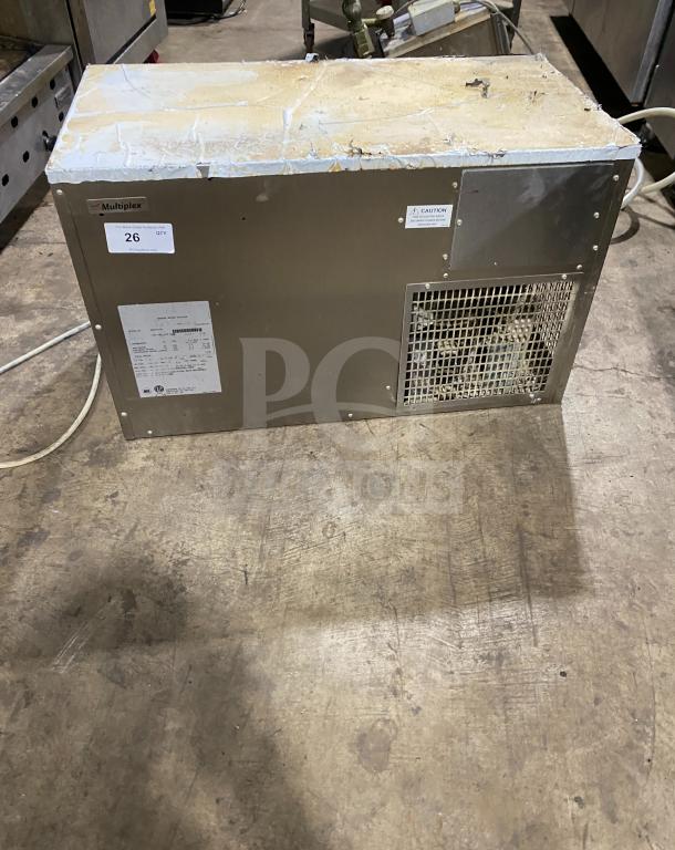 Multiplex SC340-04 stainless steel water chiller, model SN: 1101093101, 230V, 1 phase, used condition, visible labels.