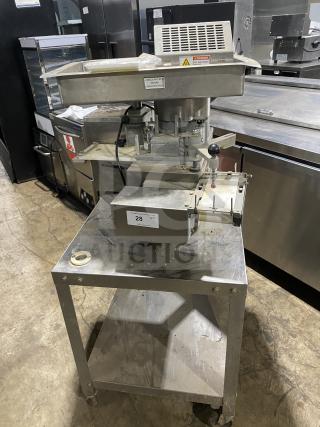 Patty O Matic 330A stainless steel automatic meat forming machine, commercial-grade, 115V, on casters, used condition.