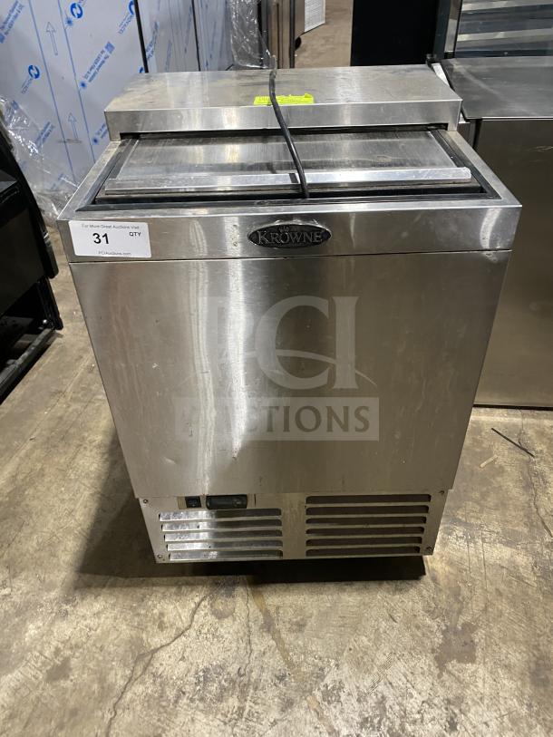 Krowne MC24S stainless steel underbar glass/mug froster with sliding-top lid, commercial use, model and serial number visible.