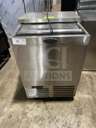 Krowne MC24S stainless steel underbar glass/mug froster with sliding-top lid, commercial use, model and serial number visible.
