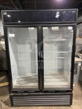 True commercial freezer, model GDM-49F-HC-TSL01, stainless steel with black body, two glass doors, 1 phase, SN: 9159869.