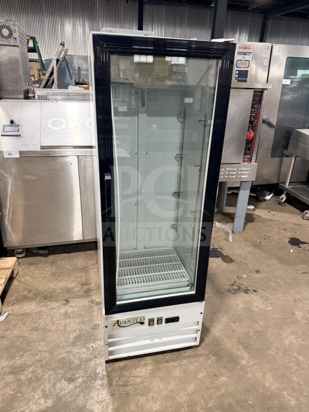 Avantco glass door reach-in cooler model 178GDC10HCW with poly coated racks, 115V, serial 6467310117070210, in good condition.