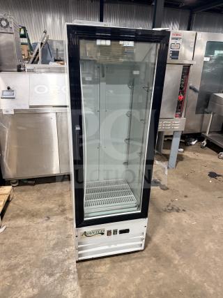 Avantco glass door reach-in cooler model 178GDC10HCW with poly coated racks, 115V, serial 6467310117070210, in good condition.