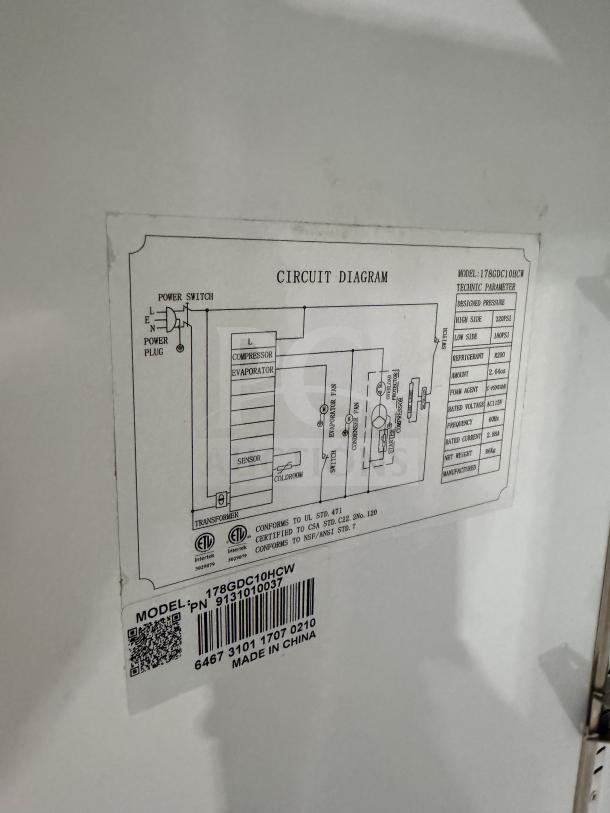Avantco Glass Door Cooler Merchandiser, Model 178GDC10HCW, with poly coated racks, circuit diagram label visible.