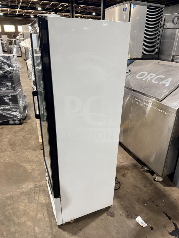 Avantco Glass Door Reach In Cooler Merchandiser, Model 178GDC10HCW, with poly coated racks, 115V, 1 phase, side view.