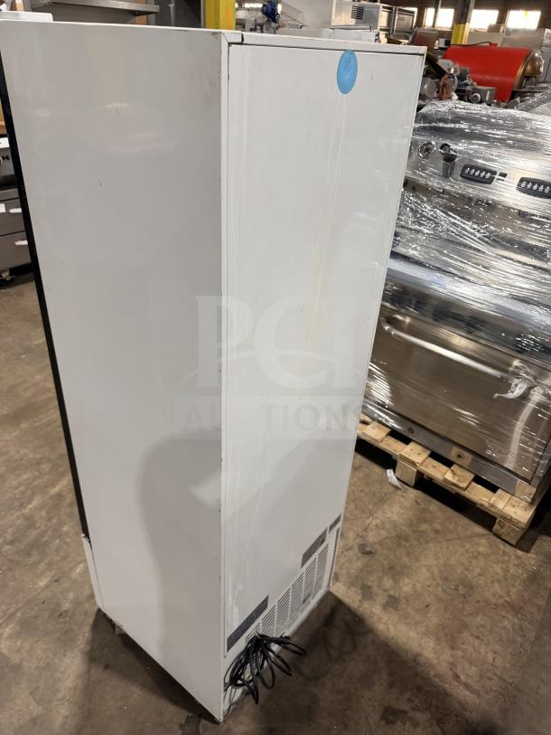 Avantco Glass Door Reach-In Cooler Merchandiser, Model 178GDC10HCW, white, side view, poly-coated racks, 115V 1 Phase.