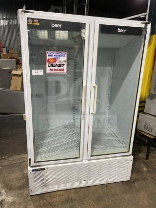 Master-Bilt BMG-48 commercial refrigerator, dual glass swing doors, white, poly-coated wired rack, 115V, used condition.