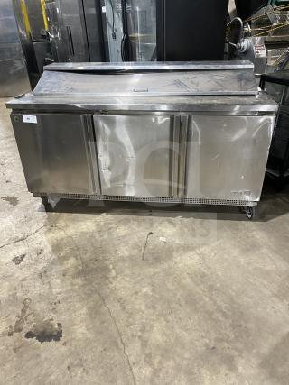 Asber APTS7218 stainless steel 3-door sandwich prep table refrigerator with poly-coated rack, on casters. Model: APTS 72 18 HC.