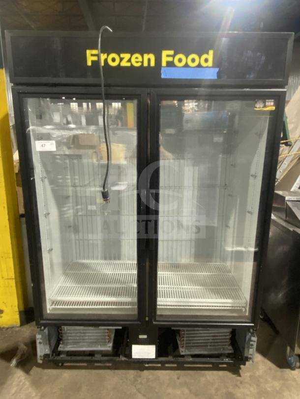 True Commercial Double Glass Door Freezer, Model GDM-49F-HCX-TSLO1, with poly-coated wire racks, black, excellent condition.