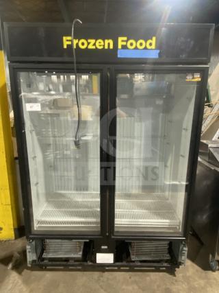 True Commercial Double Glass Door Freezer, Model GDM-49F-HCX-TSLO1, with poly-coated wire racks, black, excellent condition.