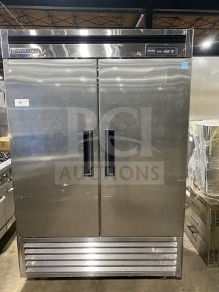 Maxx Cold 2-door stainless steel commercial refrigerator MCR-49FDHC-V1, poly coated racks, on casters, model and serial tags visible.