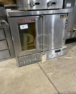 Blodgett stainless steel electric single stack convection oven with thermostatic control and wired rack, visible brand logo.