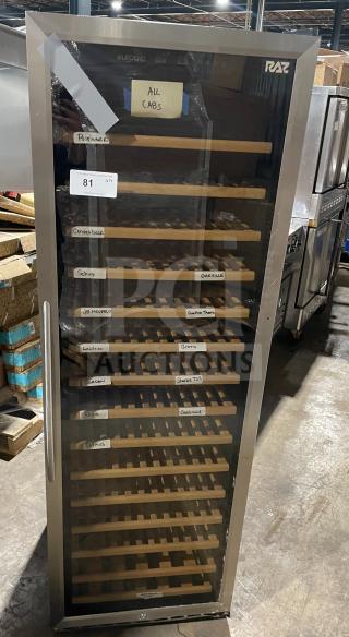 Eurodib USF-1688 single door wine cooler merchandiser, stainless steel, glass door, wooden shelves, 110/120V, labeled for wines.