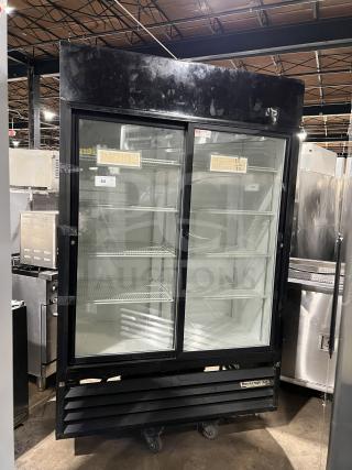 Beverage-Air MT45 commercial refrigerator, black, double glass doors, poly-coated wire racks, 115V, good condition.