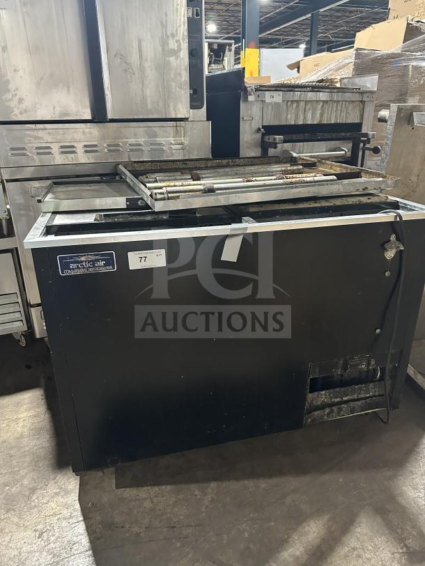 Arctic Air AUB50RZ stainless steel deep well bottle cooler on casters, model: AUB50RZ SN: H20039388, 115V, visible labels.