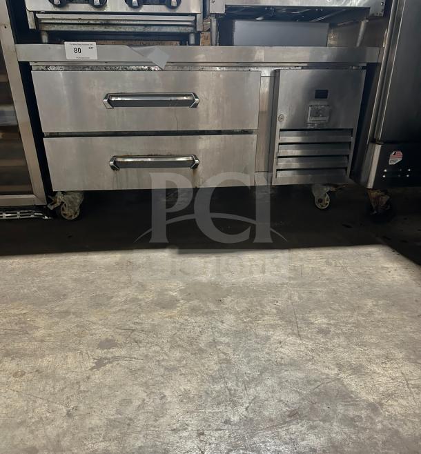 Kelvinator commercial stainless steel refrigerated chef base, model KCHCB48R, with two drawers, 115V, on casters.