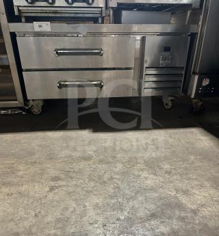 Kelvinator commercial stainless steel refrigerated chef base, model KCHCB48R, with two drawers, 115V, on casters.