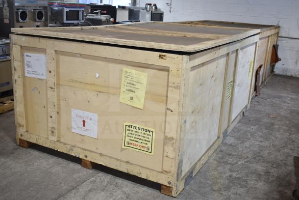 BRAND NEW LBC LRO-2G6-N-70 commercial rack oven, crated. Natural gas. Scratch and dent. Handling and storage labels visible.