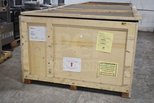LBC LRO-2G6-N-70 commercial gas oven in wooden crate, labeled "This Side Up" with handling instructions. Scratch and dent condition.