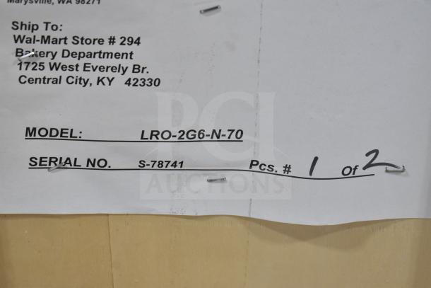 BRAND NEW LBC LRO-2G6-N-70 commercial rack oven, natural gas powered, scratch and dent condition, serial S-78741.