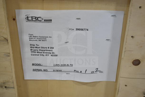 Label on LBC LRO-2G6-N-70 commercial gas oven. Includes shipping info, serial number S-78741, piece 1 of 2.