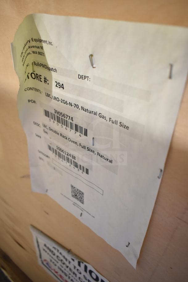 BRAND NEW LBC LRO-2G6-N-70 commercial natural gas rotating rack oven with visible label; minor cosmetic scratches.