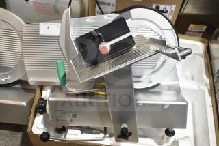 2025 Bizerba GSP H Commercial Countertop Meat Slicer, 120V, 1 Phase, excellent condition, with labels and ergonomic handle.