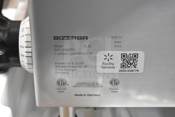 2025 Bizerba GSP H meat slicer, 120V, 1 Phase. Features visible labels, serial number 12382756, and ETL certifications.