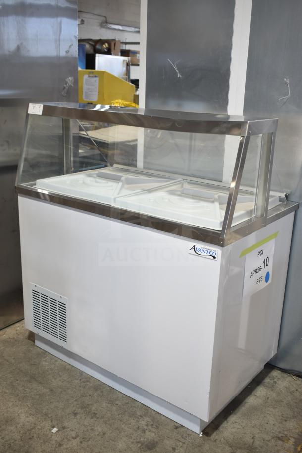 Brand new Avantco 178CPW47HC 47 1/8" ice cream dipping cabinet, white, 8 tub capacity, slight cosmetic imperfections.