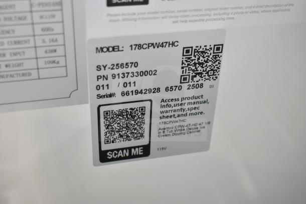 Avantco 178CPW47HC ice cream dipping cabinet label showing model, serial number, and QR code for product info.