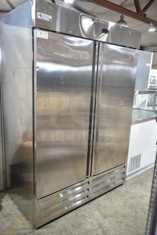 Avantco 447AP49R commercial 2-door cooler, new with scratches and dents, 115V, stainless steel, on casters.