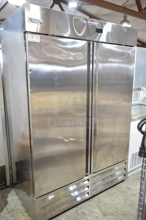 Brand new Avantco 447AP49R commercial 2-door reach-in cooler. Stainless steel, commercial casters, 115V, 1 Phase. Some dents visible.