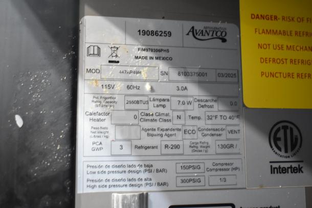 Avantco 447AP49R commercial cooler label showing specs: 115V, 60Hz, 3.0A, R-290 refrigerant, 2550 BTUs, made in Mexico.