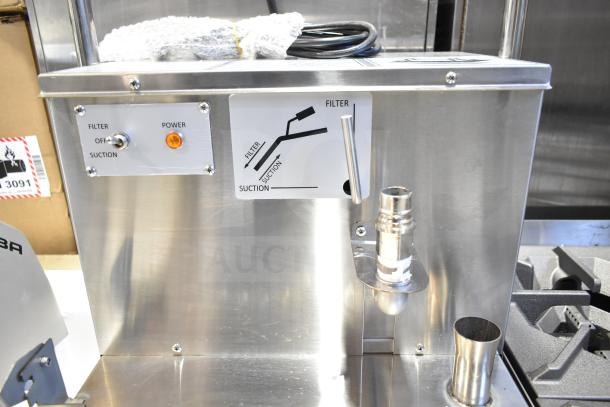 BRAND NEW Fryclone 2025 259OFM55 fryer oil filter machine, 55 lb. capacity, 2-way pump, 120V, labels indicate filter and suction settings.