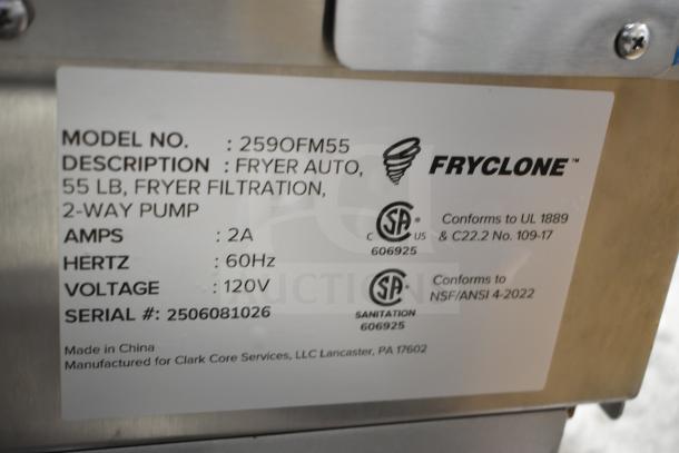 BRAND NEW 2025 Fryclone 259OFM55, 55 lb. fryer oil filter with 2-way pump, 120V. Label shows specs and safety standards.